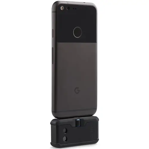 Teledyne FLIR FLIR ONE PRO USB C angled rear view black phone attachment.